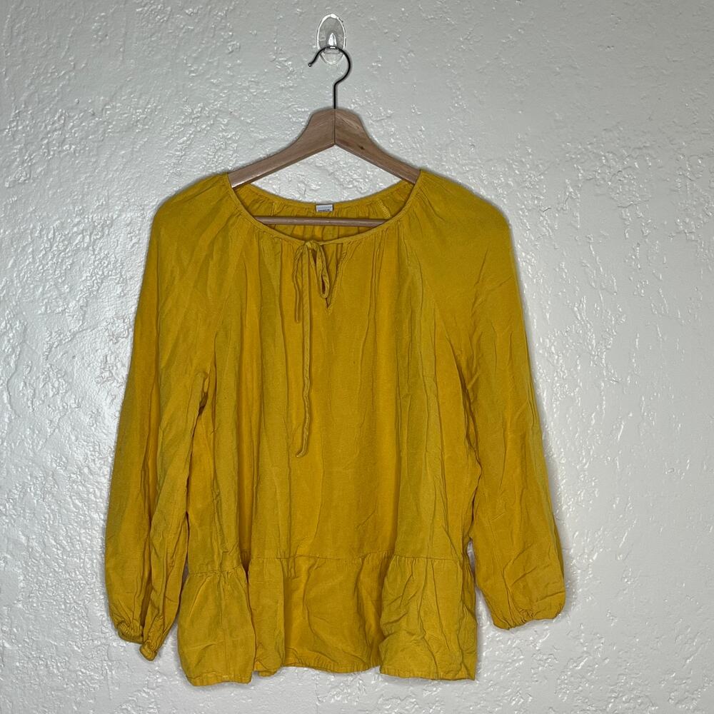 Old Navy Blouse Large Yellow Linen Blend Women's Peplum Tie Neck Boho